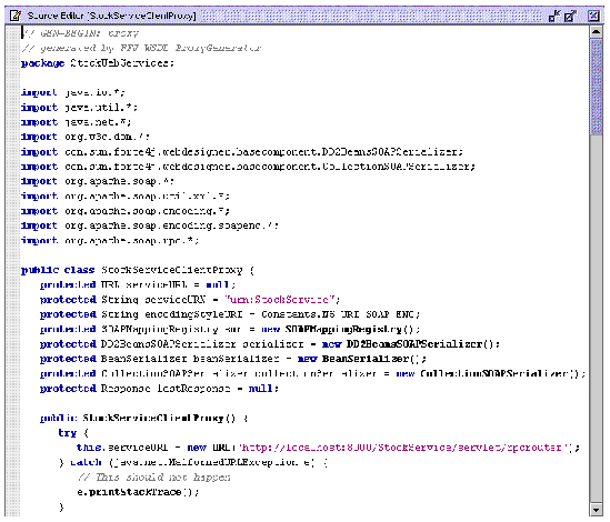 Screenshot of Source Editor display of part of the Java code for a client SOAP proxy, showing import statements and parameters.