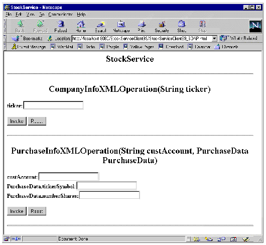 Screenshot of Netscape browser display, showing client welcome page with header and two XML operations with names and parameters.