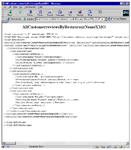 Netscape browser display, showing restaurant review information in XML format, with SOAP envelope.
