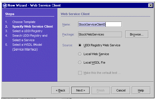 Screenshot of new web service client wizard. Buttons are Browse, Back, Next, Finish, Cancel, and Help.