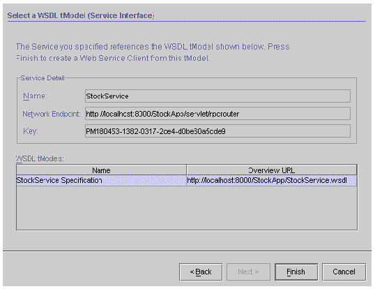 Screenshot showing selected service displayed with detail information and associated WSDL tModels. Buttons are Back, Next, Finish, Cancel.