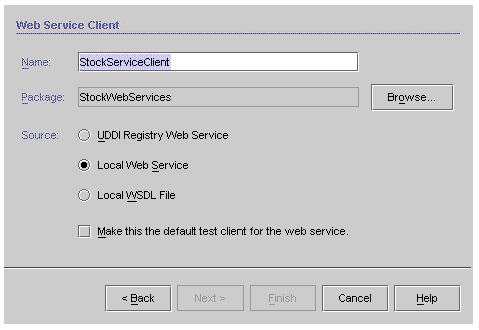 Screenshot of new web service client wizard, opened from package node or main menu. Buttons are Browse, Back, Next, Finish, Cancel.