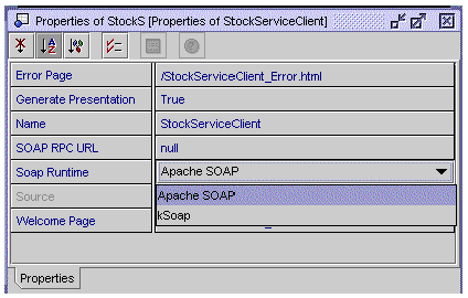 Screenshot of client property sheet, showing SoapRuntime property with choices Apache SOAP and kSoap.