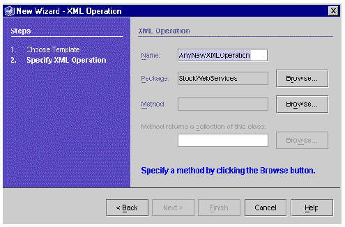 Screenshot of dialog used to specify Name, Package, and Method for a new XML operation. Buttons are Browse, Back, Next, Finish, Cancel, and Help.