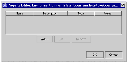 Screenshot showing Environment Entries property editor. Buttons are Add, Edit, Remove, OK, and Cancel.