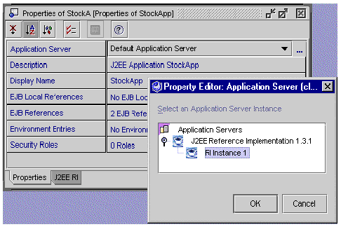 Screenshot showing J2EE application properties with Default Application Server selected and Property Editor displayed.