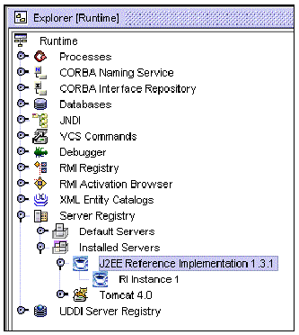 Screenshot of Explorer runtime tab showing Server Registry node, Installed Servers subnode, and J2EE RI node with an RI instance.