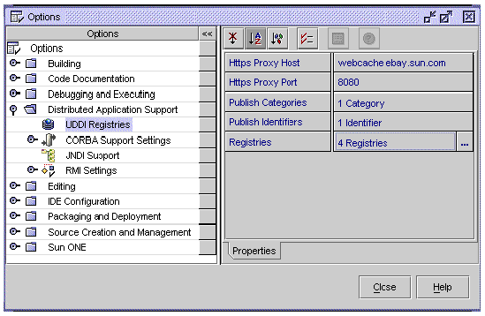 Screenshot showing UDDI Registries options, with buttons to set defaults and open the registries list. Other buttons are Close and Help.