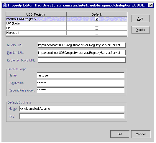 Screenshot showing Registries Property Editor. Buttons are Add, Delete, OK, and Cancel.