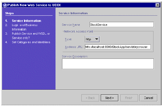 Screenshot of Publish New Web Service to UDDI dialog box. Buttons are Back, Next, Finish, and Cancel.