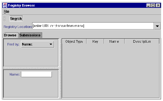 Screenshot of sample registry browser, showing Browse and Submissions tabbed panes, a detail pane, and Search button.