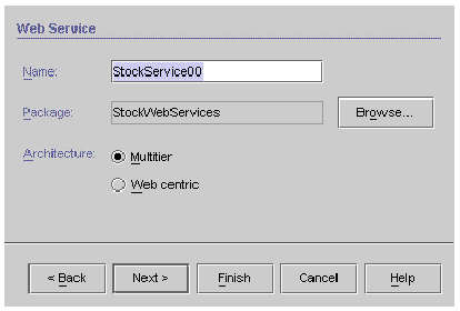 Screenshot showing new web service wizard. Buttons are Browse, Back, Next, Finish, Cancel, and Help.