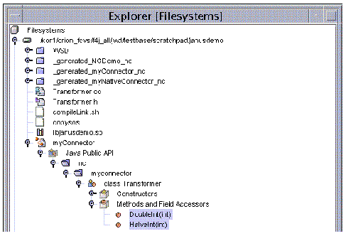 Screenshot of native connector node in the Explorer, showing the Methods and Field Accessors subnode with two methods.
