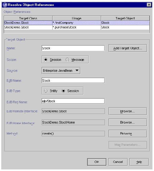 Screenshot of Resolve Object References dialog box. Buttons are Add Target Object, Browse, OK, Cancel, and Help.