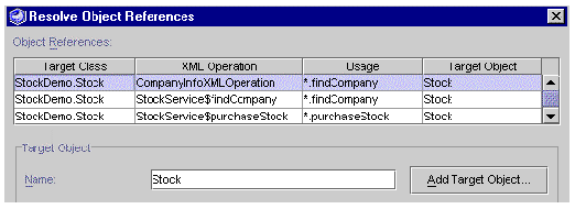 Screenshot of Resolve Object References dialog box, top portion, showing XML Operation column.