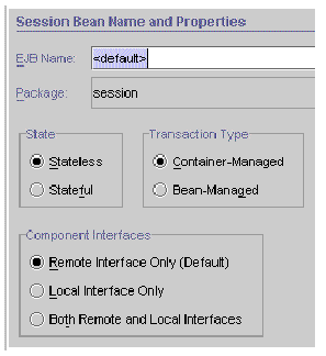 Screenshot showing the EJB Builder Wizard's first pane and selections for a session bean.