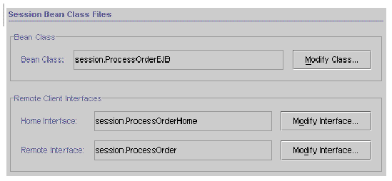 Screenshot showing the EJB Builder Wizard's second pane, listing the classes about to be generated for a session bean. 