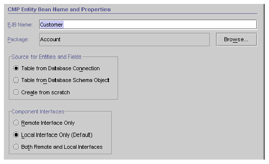 Screenshot showing the wizard's first pane and selections for a CMP entity bean. 