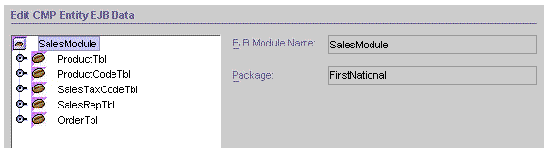 Screenshot showing the wizard's Edit CMP Entity EJB Data pane with the EJB module selected. 