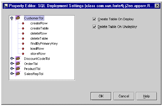 Screenshot showing the SQL Deployment Settings property editor with one of the EJB module's beans selected and expanded.