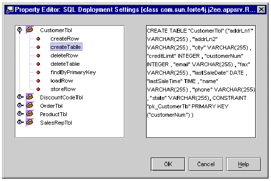 Screenshot showing the SQL Deployment Settings property editor with one of the EJB module's bean nodes expanded and one of that bean's methods selected.