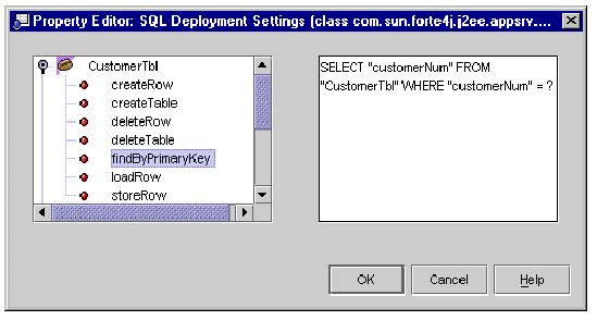Screenshot of the SQL Deployment Settings property editor with an EJB module's bean nodes expanded and the bean's Find By Primary Key method selected.