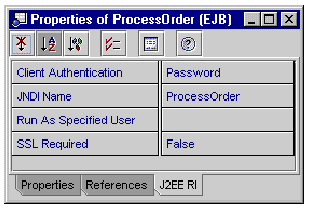 Screenshot showing the J2EE RI tabbed pane of a session bean's property sheet.