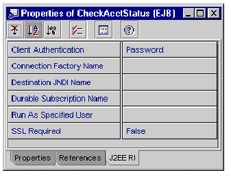 Screenshot showing the J2EE RI tabbed pane of a message-driven bean's property sheet.