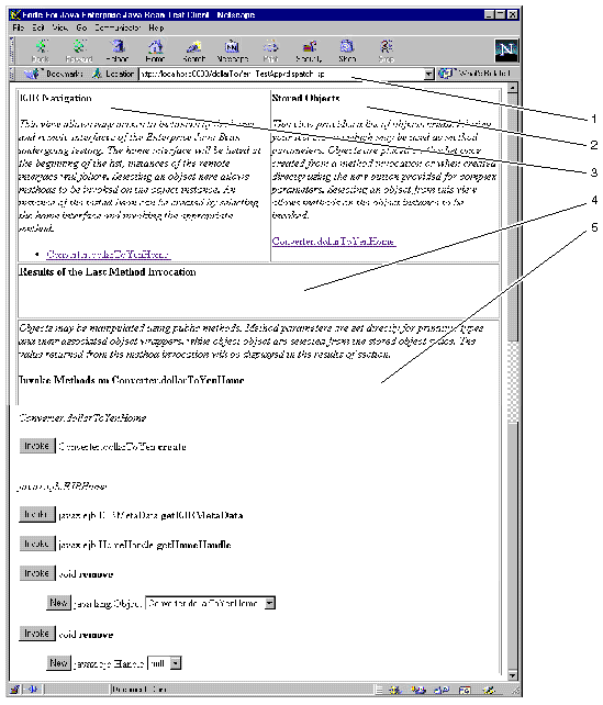 Screenshot showing the JSP page generated to test a simple session bean.