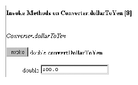 Screenshot showing the Invoke Methods on Bean Name frame with a testing parameter entered.