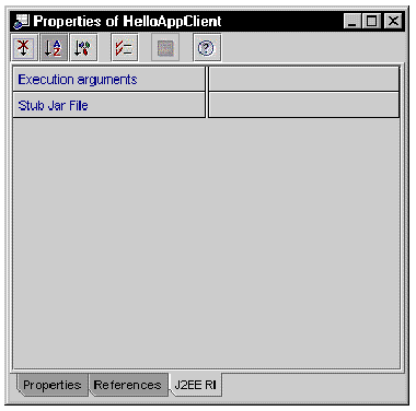 Screenshot of the application client's property sheet with J2EE RI-specific tab selected.