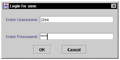 Screenshot of the J2EE Reference Implementation login screen. Fields show default user name, j2ee, and default password, also j2ee.