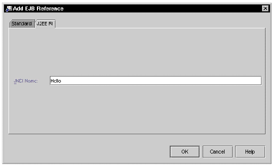 Screenshot of the application client's Add EJB Reference dialog, showing J2EE RI-specific tab. The JNDI Name field has the value Hello.