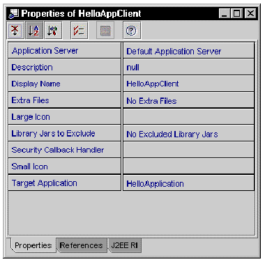Screenshot of the application client's property sheet. The Target Application property has a value of HelloApplication.