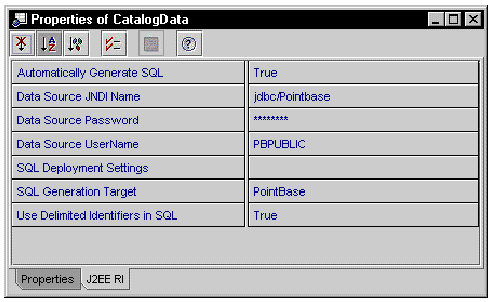 Screenshot of EJB module property sheet showing J2EE RI specific tab.