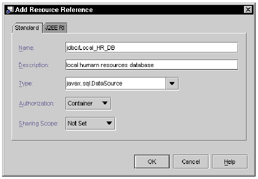 Screenshot of EJB node's Add Resource Reference dialog.
