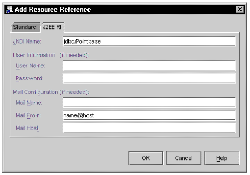 Screenshot of the J2EE RI-specific tab for the Add Resource Reference dialog.