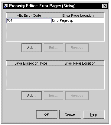 Screenshot of Error Pages property editor showing Help Error Code 404 mapped to ErrorPage.jsp.