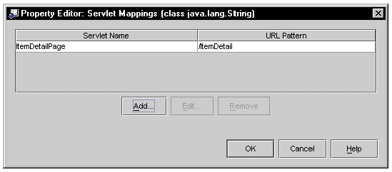Screenshot of Servlet Mappings property editor.