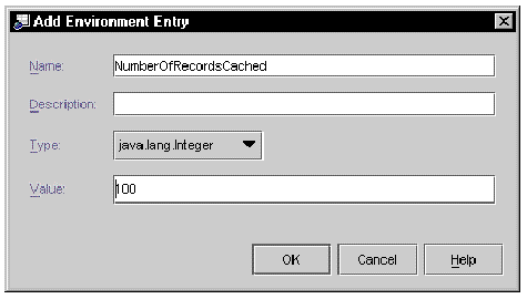 Screenshot of Add Environment Entry dialog. Field values are, Name, NumberOfRecordsCached, and Value, 100.