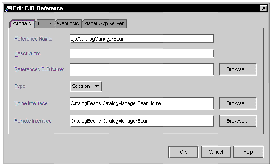 Screenshot of EJB Reference Property editor with values in Reference Name, Type, Home Interface, and Remote Interface fields.