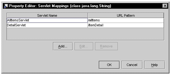 Screenshot of Servlet Mappings Property Editor with edited mappings for AllItemsServlet and DetailServlet.