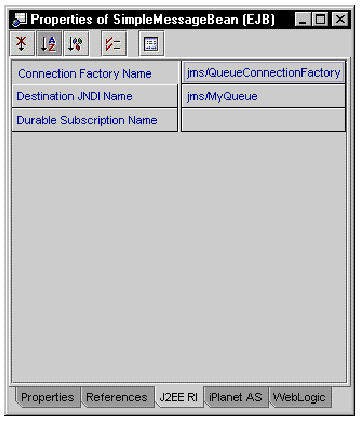 Message-driven bean property sheet, J2EE RI server-specific tab.