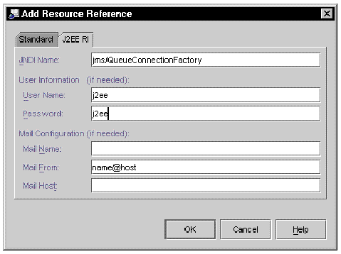 Screenshot of the Add Resource Reference dialog's J2EE RI tab.