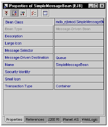 Screenshot of the message-driven bean's property sheet. The Message-Driven Destination property is set to Queue.