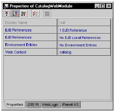 Screenshot of Property sheet for the catalog web module. The Web Context field has the value catalog.
