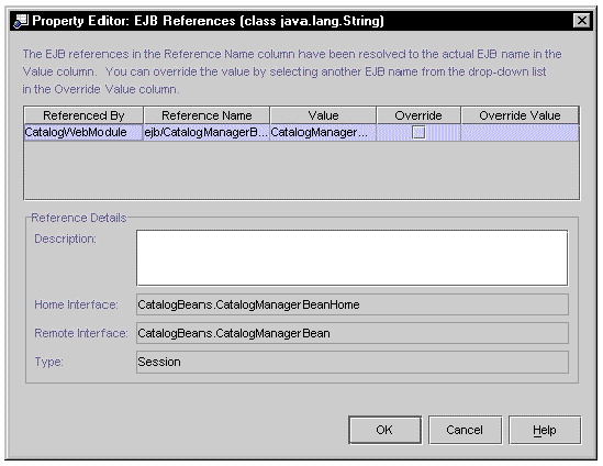 Screenshot of the application node's EJB references property editor with a linked reference.