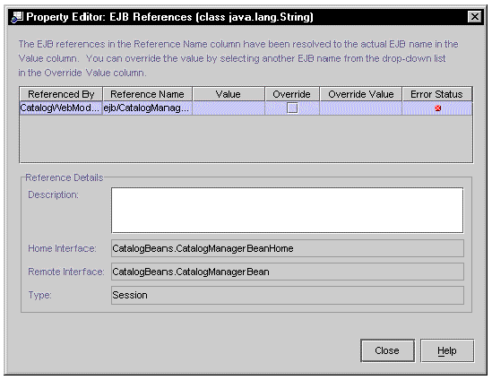 Screenshot of the application node's EJB references property editor with an unlinked reference.