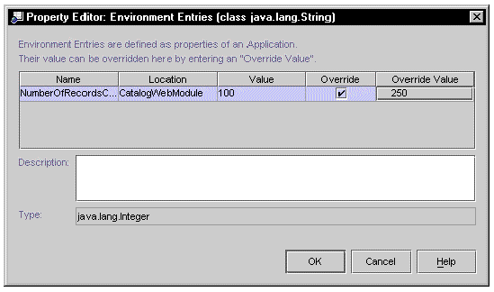 Screenshot of J2EE application property sheet showing an override value.