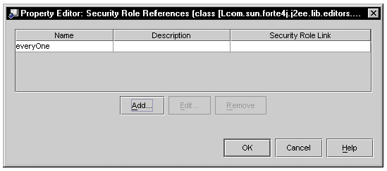 Screenshot of the enterprise bean's security role reference property editor. One line of data, with Name set to everyOne. Other fields blank.